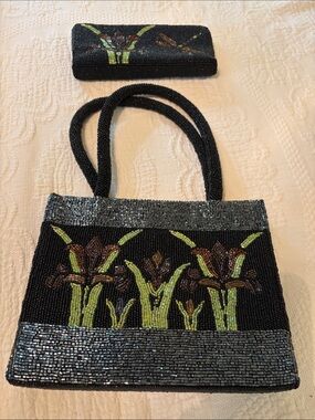 Black Beaded Floral Tote with Matching Clutch - Green & Brown Embroidery
